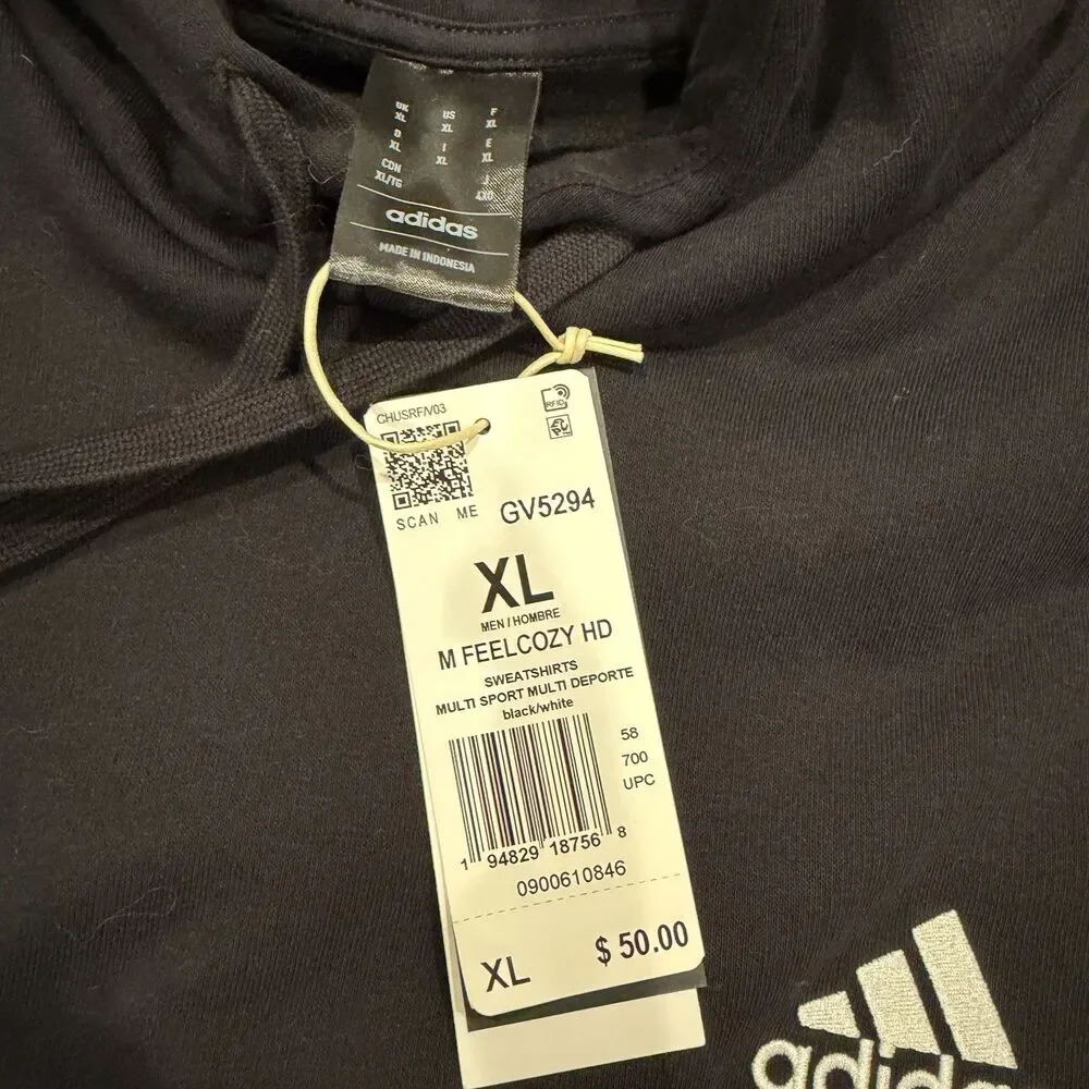 adidas Essentials Feelcozy Fleece Hoodie Men’s XL Black White NWT GV5294